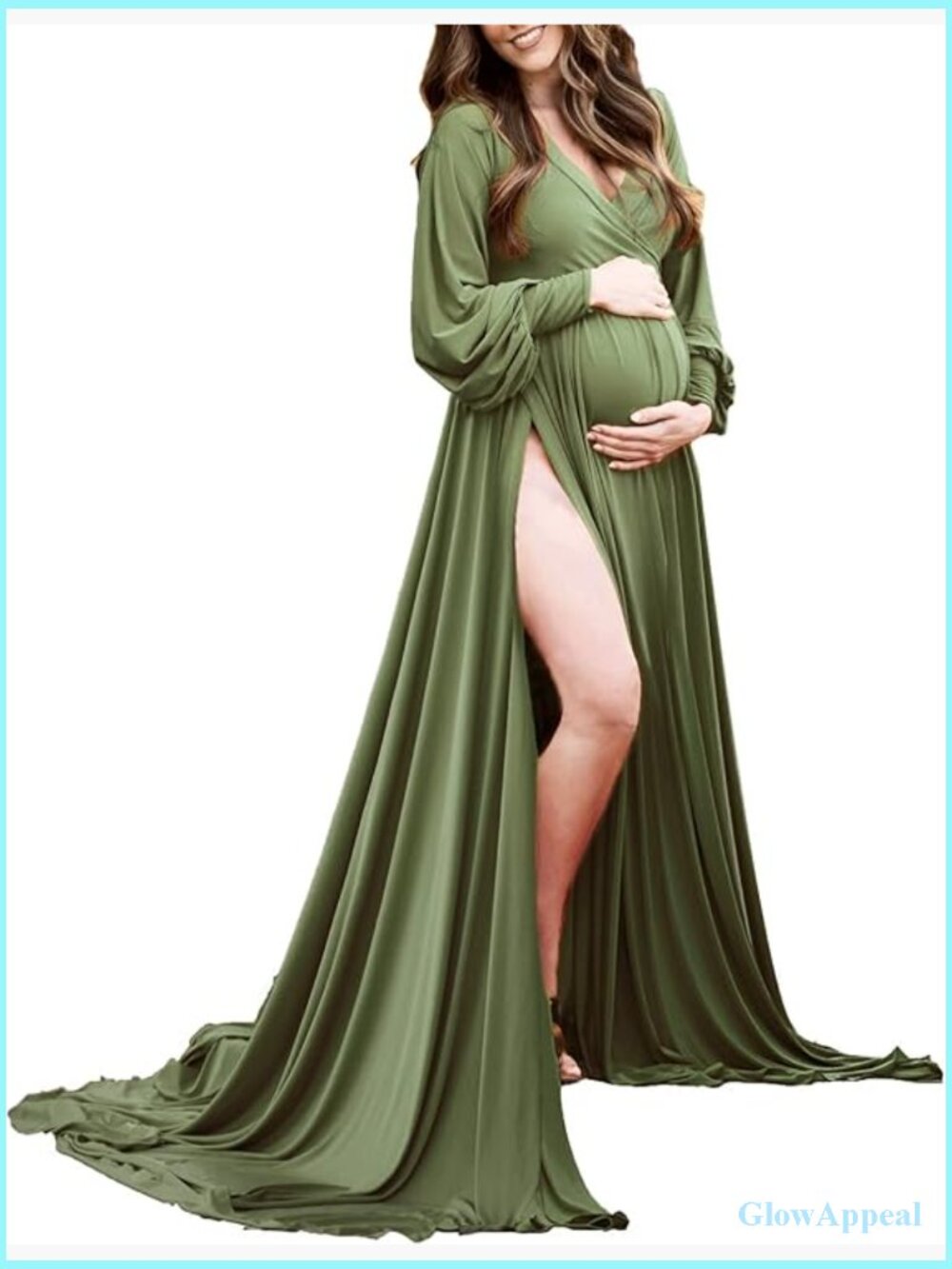 Maternity Maxi Dress Long Sleeve Sweetheart Neckline Flowy Slit Photography
